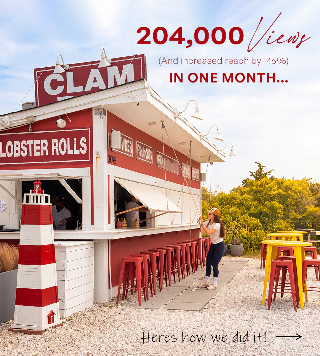 The Clam Bar's red-and-white seafood shack, with a lighthouse and red stools out front, under the caption: 204,000 Views (And increased reach by 146%) in one month… Heres how we did it!