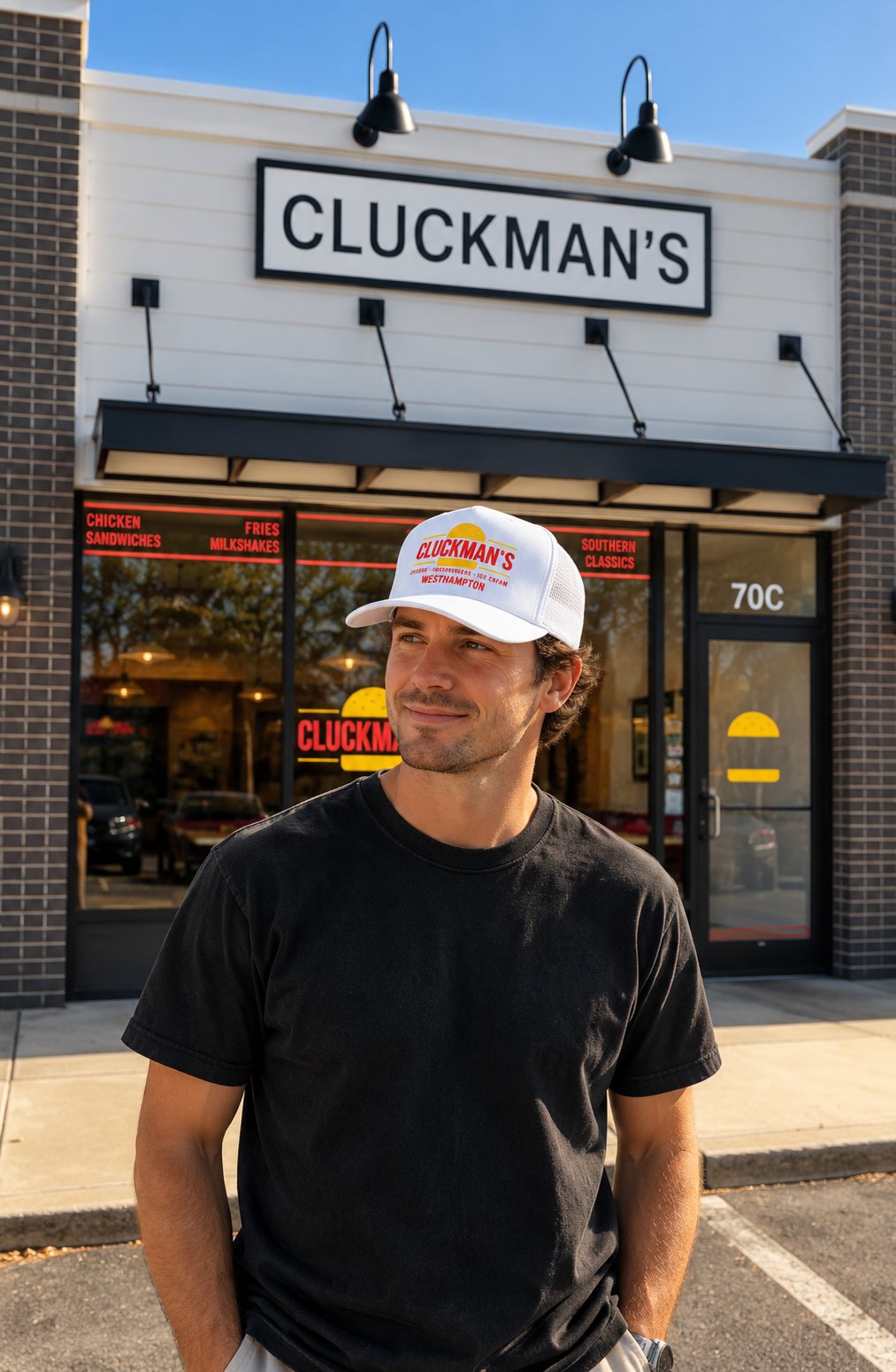 The Cluckman's storefront with its chicken, sandwiches, fries and milkshakes window menu.