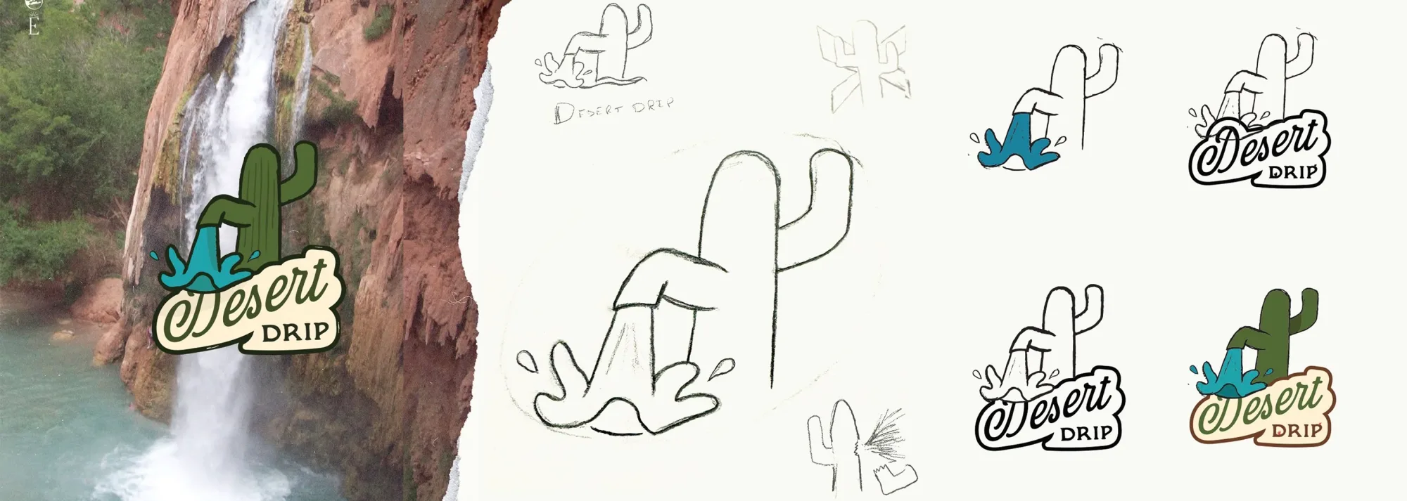Desert Drip logo hand-drawn sketch process, from pencil sketch to final design