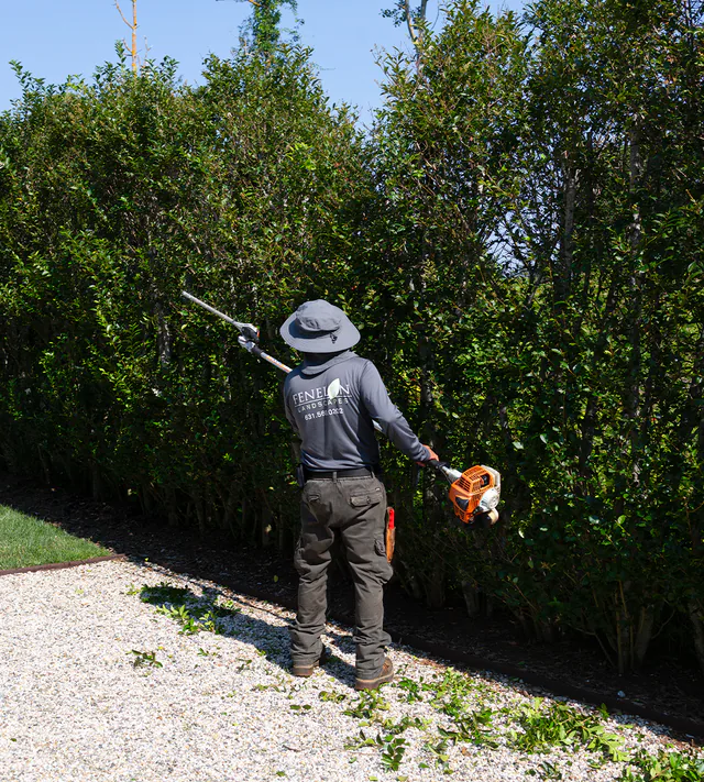A Fenelon Landscapes crew member trimming a tall hedge with a pole hedge trimmer