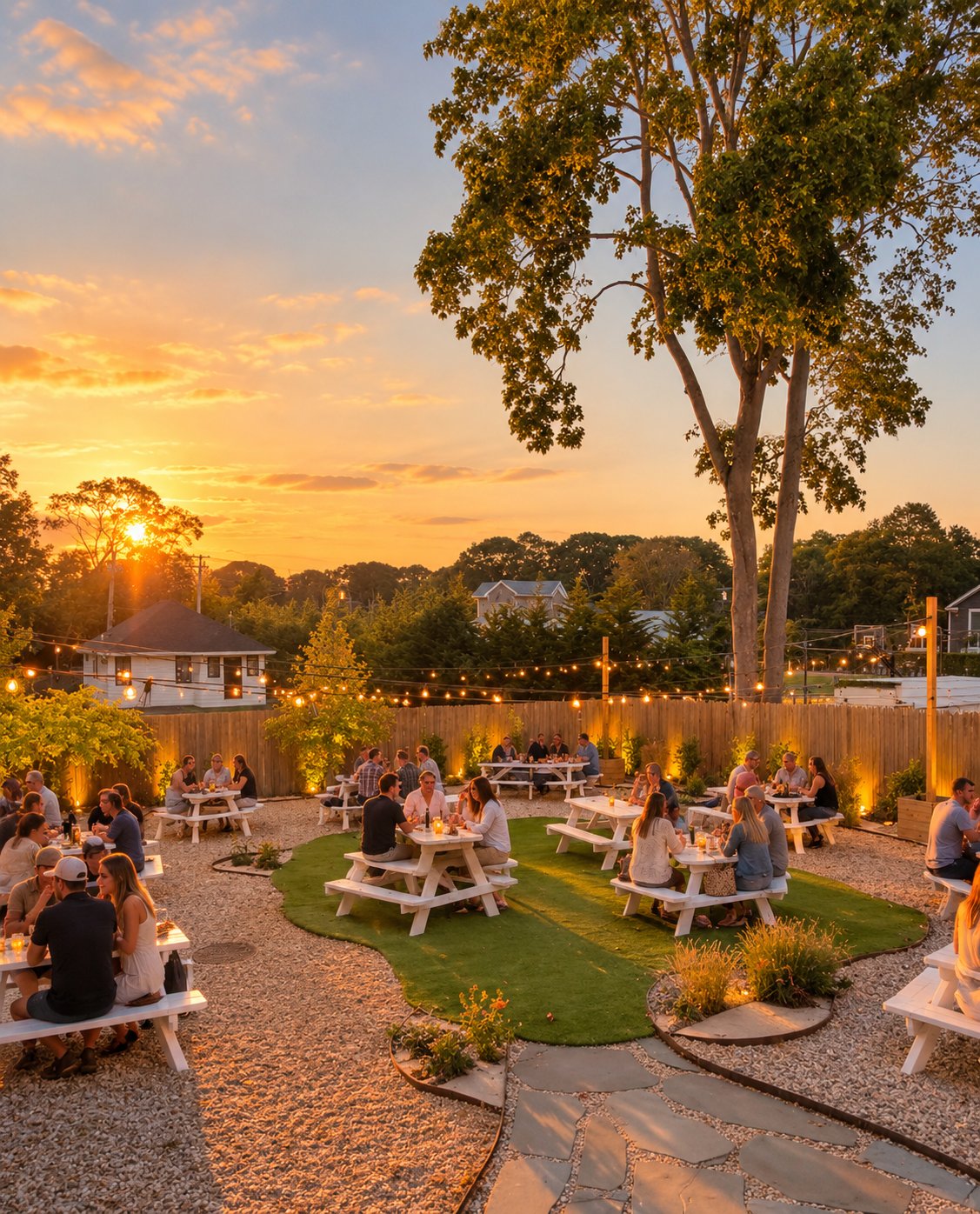 Picnic tables and string lights in the Galley backyard at sunset.