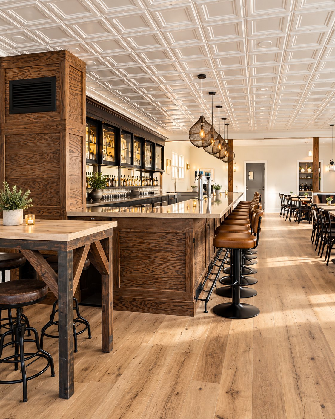 Concept rendering, not a photo: a wood-paneled bar with leather stools, pendant lights and shelves of bottles.