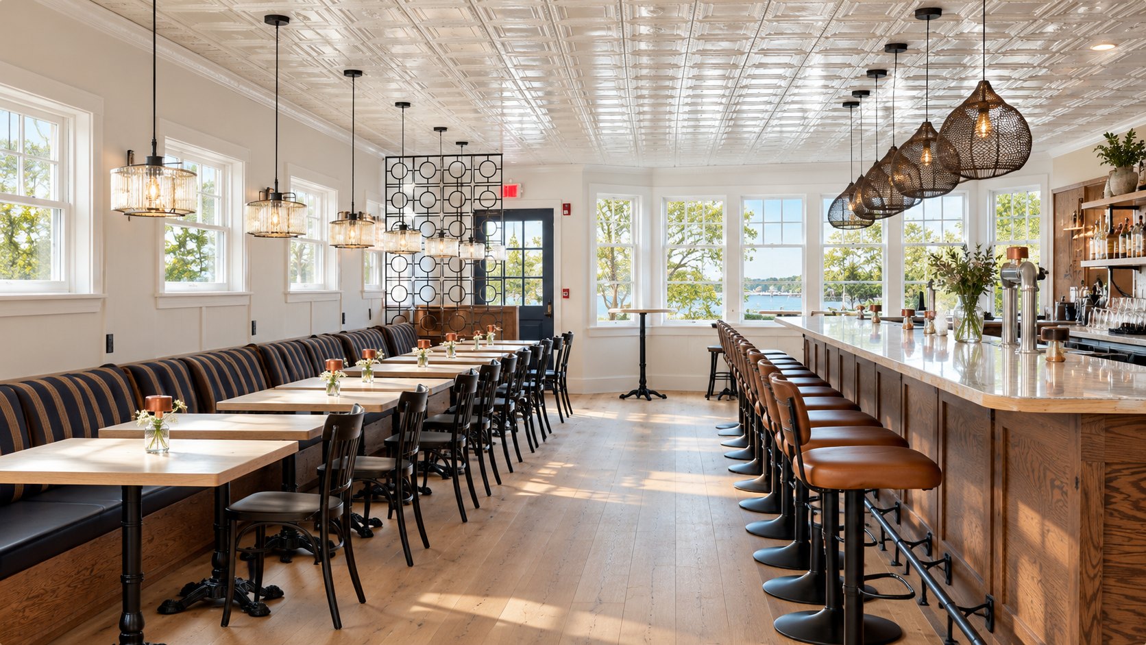 Concept rendering, not a photo: a long dining room with a striped banquette, wood tables, pendant lights, a tin ceiling and a bar with leather stools.