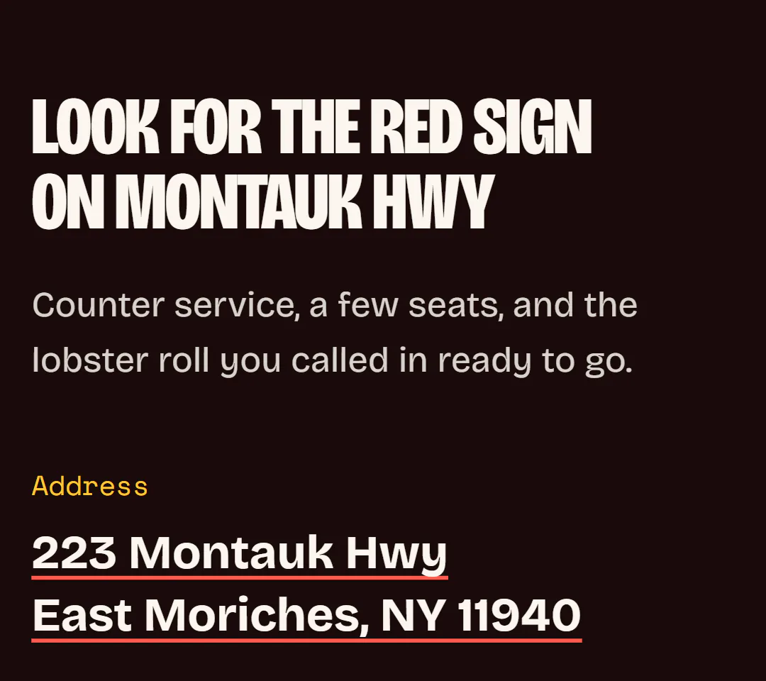 Phone screenshot of the visit section on the Loco Lobster concept site: the heading Look for the red sign on Montauk Hwy, the line Counter service, a few seats, and the lobster roll you called in ready to go, and the address 223 Montauk Hwy, East Moriches, NY 11940 as a link.