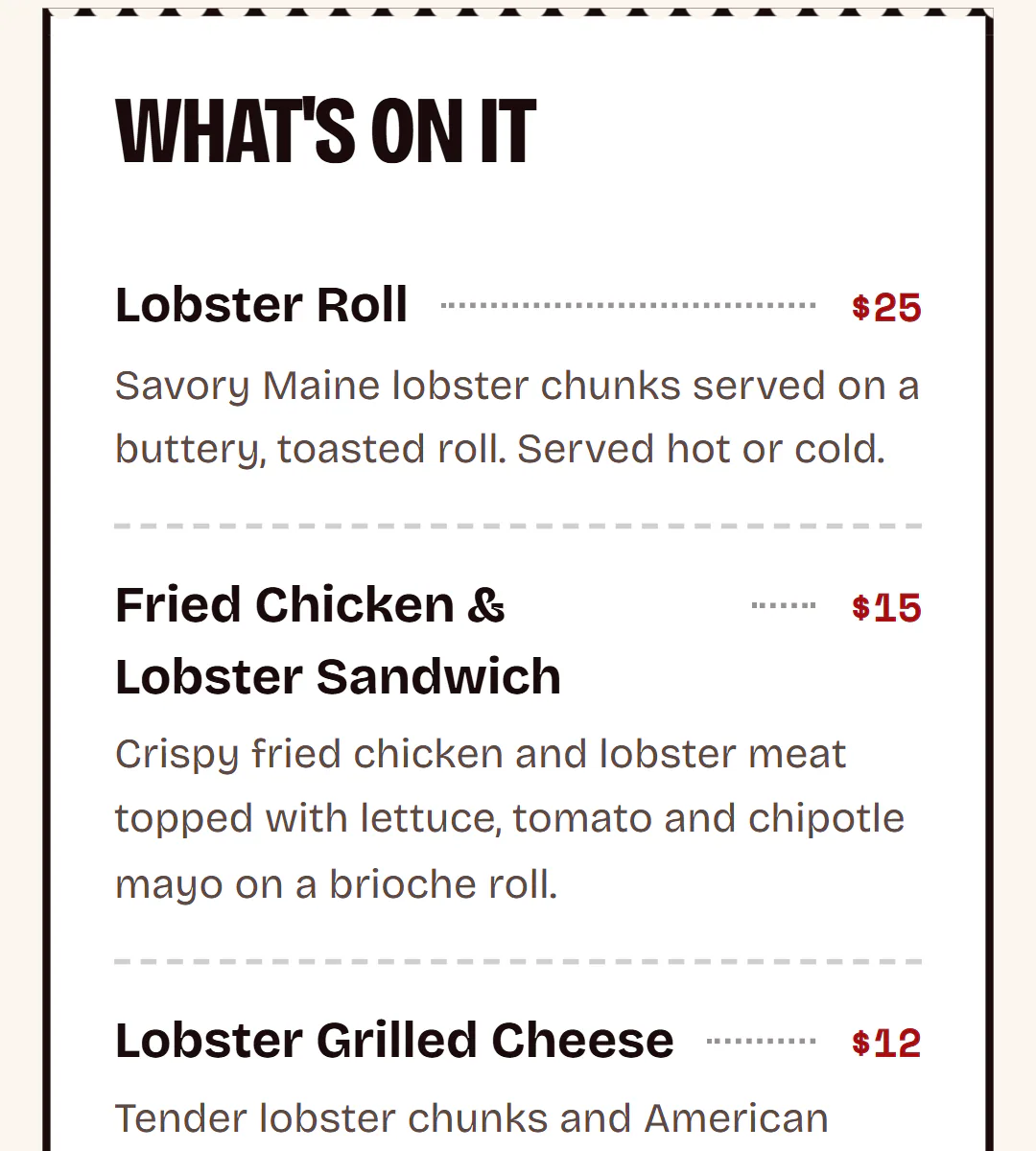 Phone screenshot of the Rolls & Sandwiches menu on the Loco Lobster concept site: Lobster Roll $25, Fried Chicken & Lobster Sandwich $15 and Lobster Grilled Cheese $12, each with a one-line description in plain text.