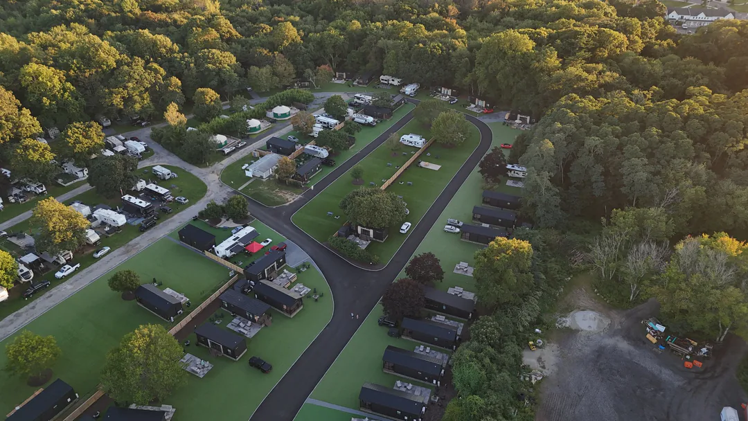 Aerial view of North Fork Resort’s cottages and RV sites in Greenport, NY
