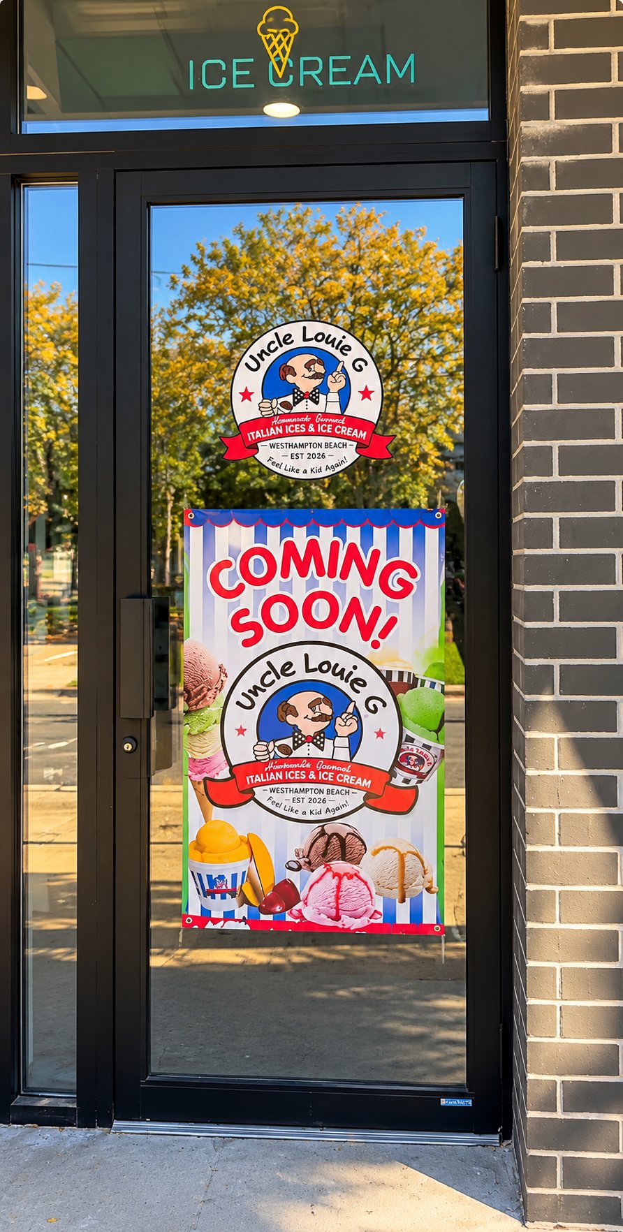 The Uncle Louie G storefront with a coming soon sign in the door.