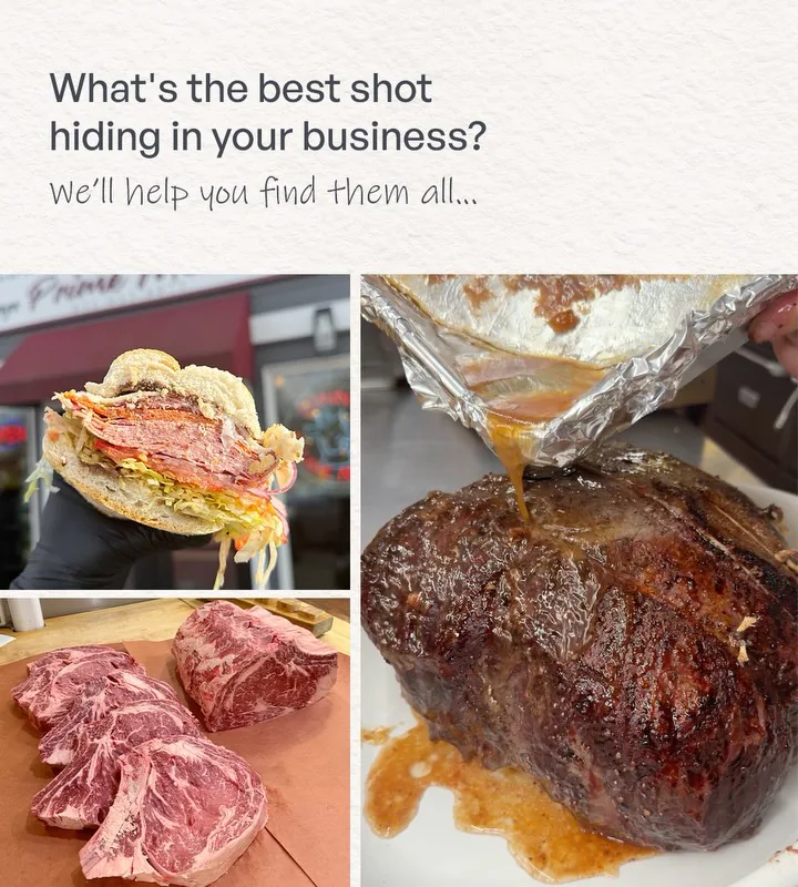 Carousel slide: Village Prime shots from East Quogue, a loaded sandwich outside the shop, raw ribeye steaks and jus poured over a roast, under the question What’s the best shot hiding in your business?
