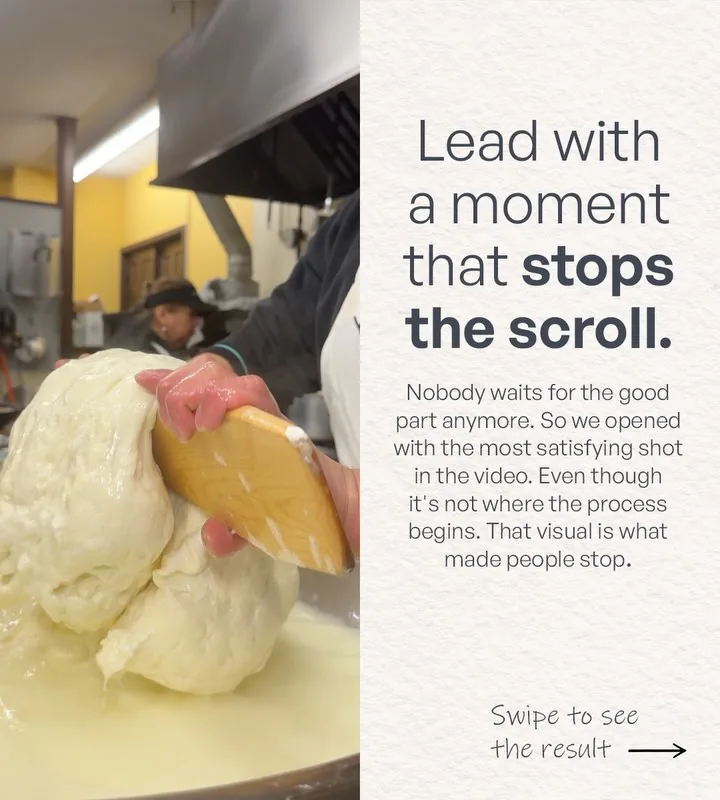 Carousel slide: mozzarella curd stretched on a wooden paddle at Village Prime in East Quogue, beside the headline Lead with a moment that stops the scroll.